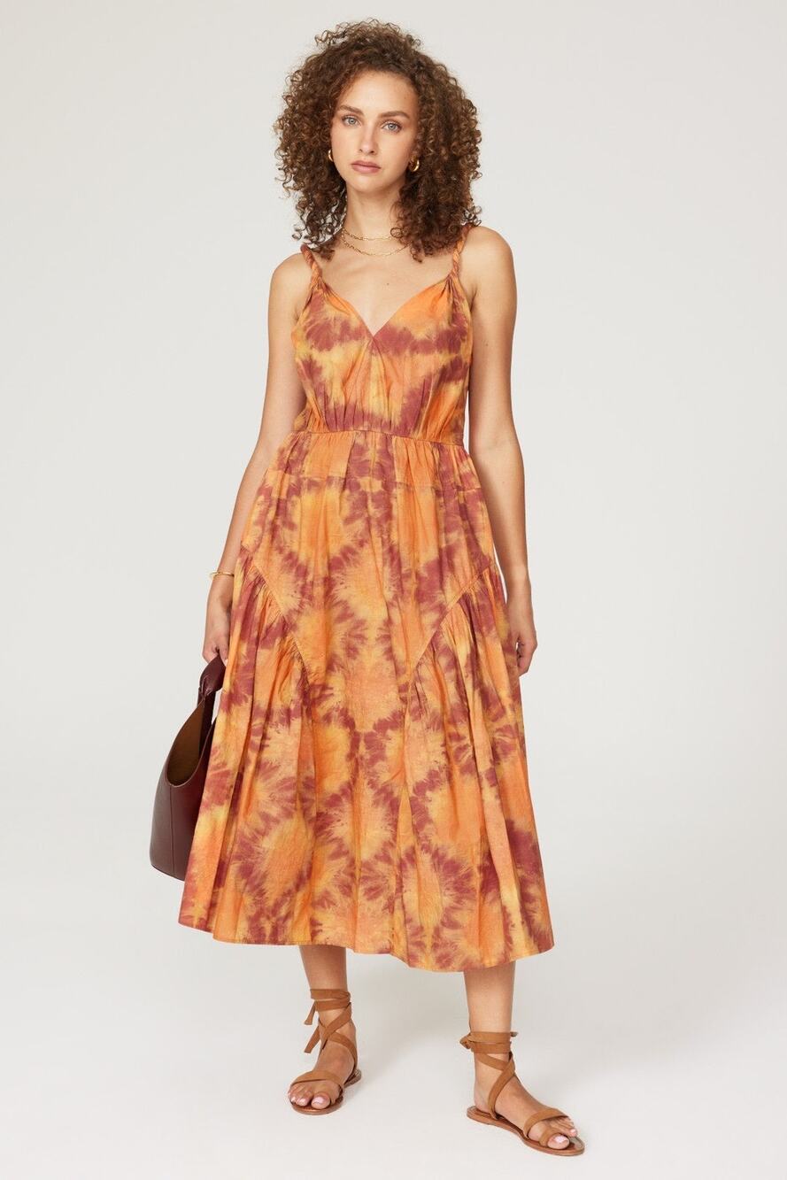Ulla Johnson Valentina Orange Tie Dye Print A-Line Sleeveless Midi Dress Size 0